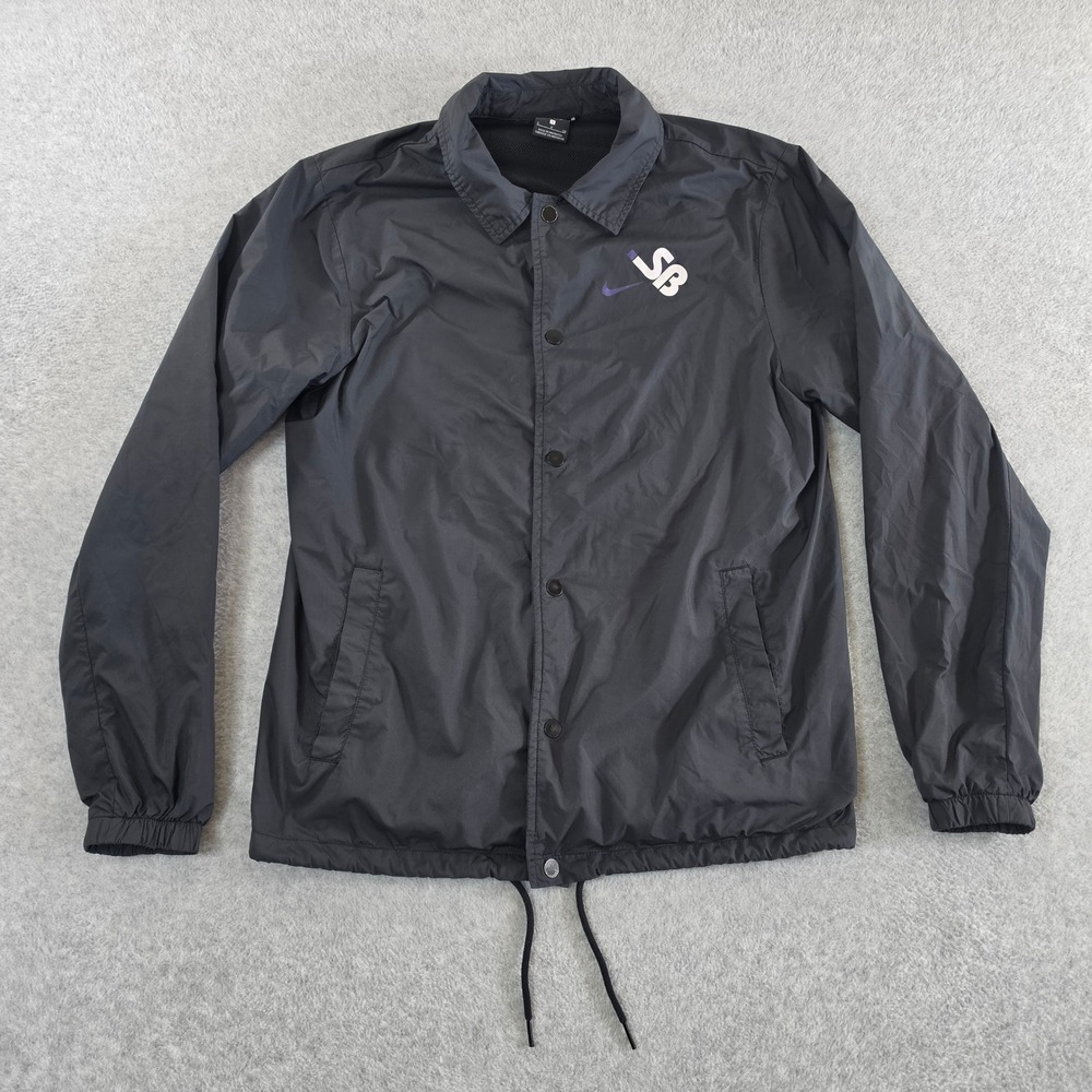 Nike SB Shield Coaches Jacket Mens Small Black Purple Swoosh Snap Windbreaker